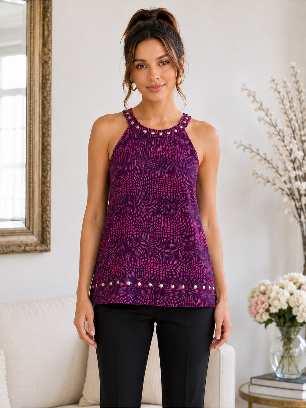 MICHAEL Michael Kors Pink Navy Studded Halter Top Size M NWT